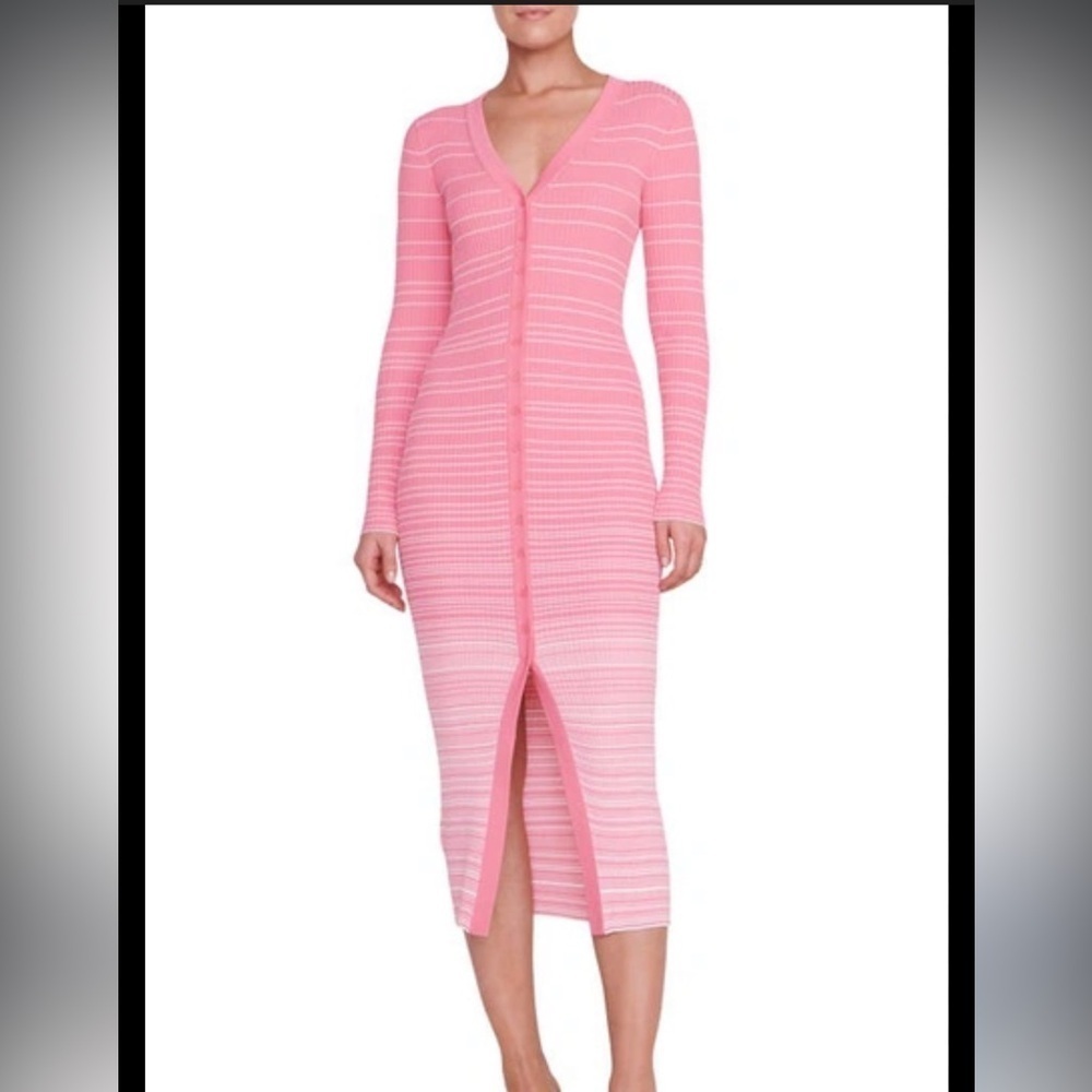STAUD Pink Striped Ribbed Button-Front Midi Dress - Picture 3 of 9